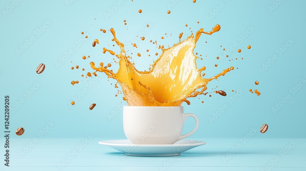 Poster creative espresso cup with a splash effect, capturing the excitement of the first sip.