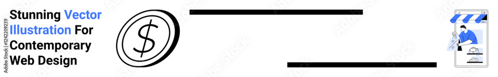 Poster dollar emblem near horizontal lines representing streamlined payment beside storefront scene with pe
