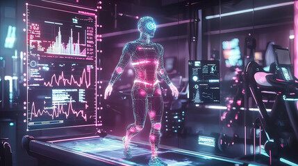 Hyper-detailed AI assistant managing fitness coaching sessions, glowing holographic health metrics