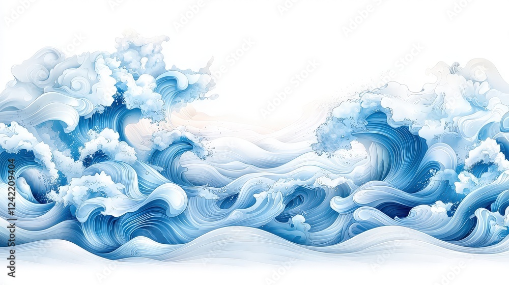 Poster elegant curved sea waves drawn in a minimal style, flowing smoothly with a sense of tranquility and 