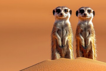Fototapeta premium Two adorable meerkats standing upright on a rocky outcrop in the African savanna looking alert and curious about their surroundings This image captures the playful and vigilant nature of these small