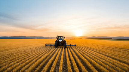Fototapeta premium Tractor harvesting golden wheat field at sunset