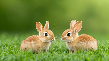 Fototapeta premium Two baby bunnies facing each other in a green grassy field, springtime, nature background; ideal for greeting cards