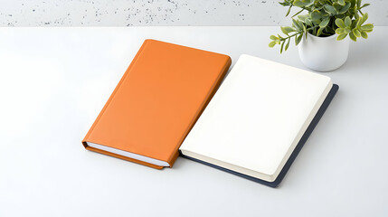 Two blank notebooks on desk, plant in background; perfect for stationery or education mockup