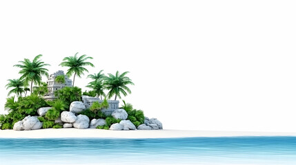 Obraz premium Tropical Island Ruins Seascape Ancient temple on a palm-fringed island, serene ocean backdrop; ideal for travel brochures