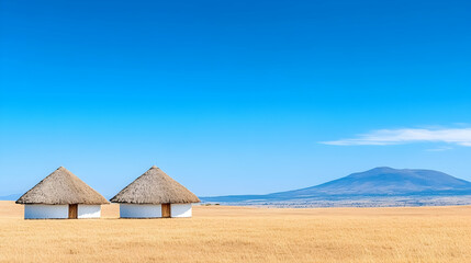 Two thatched huts on African savanna under a clear blue sky, mountain in distance. Ideal for travel brochures
