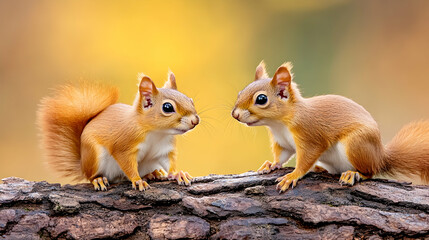 Obraz premium Two red squirrels face-to-face on a log, autumn background; perfect for wildlife, nature, or animal lover websites