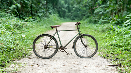 Vintage bicycle on jungle path, lush green foliage background. Ideal for travel, adventure, or nature themes