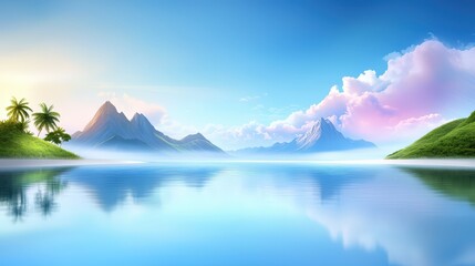 Majestic mountains rising behind a calm blue sea. Lush green slopes meet the tranquil water. A sense of adventure and peace.