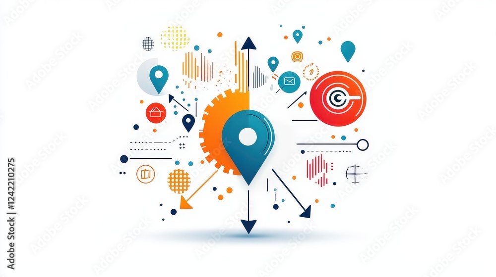 Poster minimalist flat design pointers in various geometric styles, including arrows, location markers, and