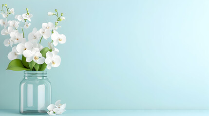 Fototapeta premium White orchids in glass jar on light blue background, minimalist floral arrangement, perfect for greeting cards or websites