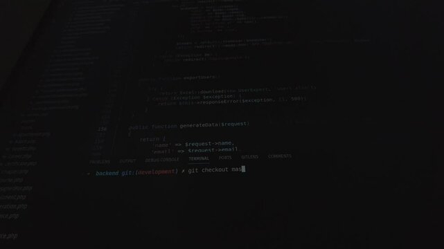 A terminal screen displaying the execution of the Git checkout command to switch branches to master. The screen shows repository management in a development environment.