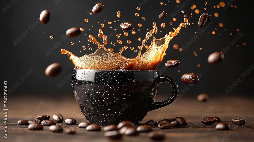 Poster playful black coffee cup with floating coffee beans and a dynamic splash effect, adding movement and