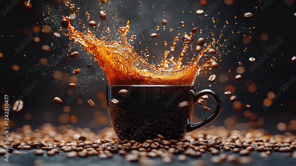 Poster playful black coffee cup with floating coffee beans and a dynamic splash effect, adding movement and