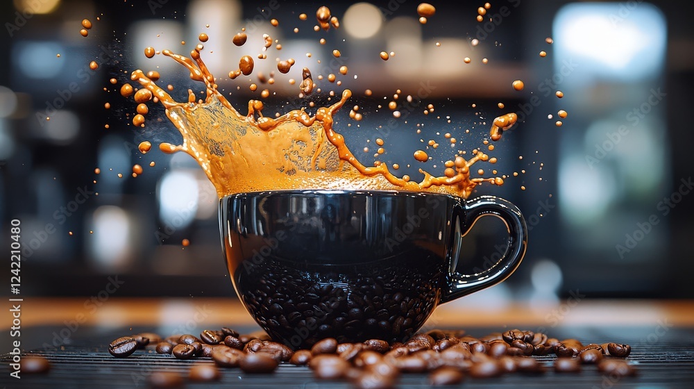 Poster playful black coffee cup with floating coffee beans and a dynamic splash effect, adding movement and
