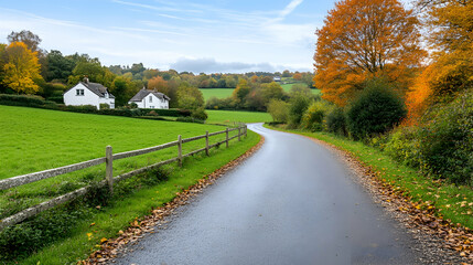 Fototapeta premium Winding country road, autumn foliage, cottages, hills. Ideal for travel brochures