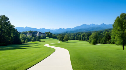 Winding path leads to castle in scenic mountain valley; idyllic landscape, peaceful retreat