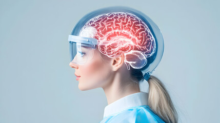 Woman, brain scan, technology, healthcare, futuristic medical research, profile view, light background, website banner