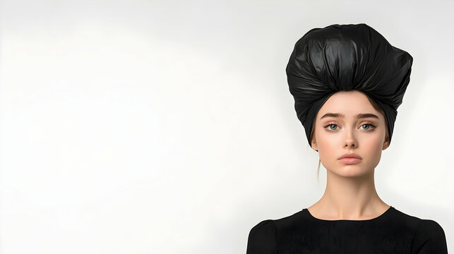 Woman, black head wrap, serious expression, studio shot, copy space, fashion editorial