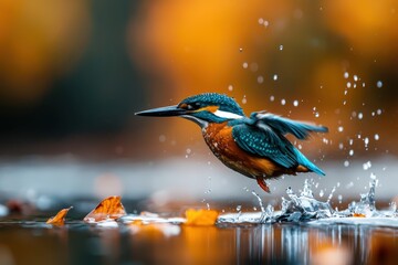 Vibrant and Colorful Kingfisher Bird Diving Gracefully Into Water Surface with Splash and Ripple Effect Capturing Prey in Dynamic Action Shot of Wildlife Photography