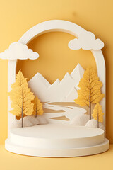 Autumn fairy tale: mountains, rivers, clouds and trees arranged in a round arched frame. (Executed in a papier-mâché style)