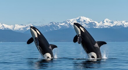 Obraz premium Two Orcas Leap Joyfully Against Mountain Background