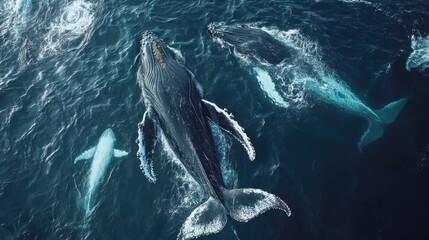 Fototapeta premium An aerial view of three whales swimming in dark blue ocean waters with white ripples
