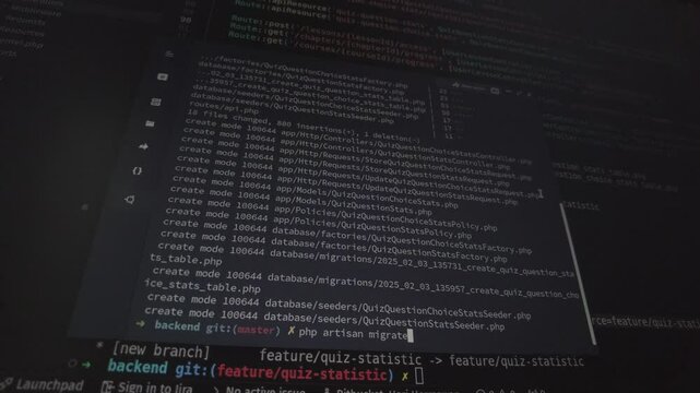A close-up view of a terminal running the PHP Artisan Migrate command in a production environment. The screen displays database migration logs and Git branches.