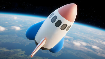 Cartoon rocket orbiting Earth; space exploration