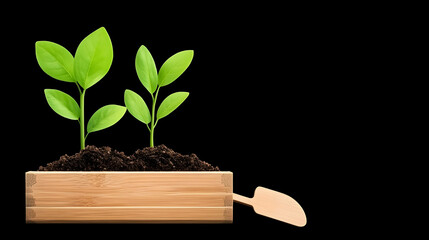 Young plants in wooden planter, gardening tool, black background, spring growth, sustainable living concept