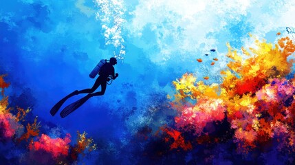 Diver Exploring Vibrant Underwater Coral Reef with Colorful Fish