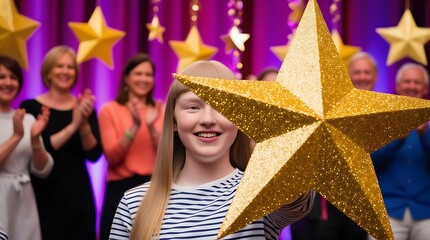 Exciting award ceremony scene with a smiling young participant holding a sparkling gold star, symbolizing recognition and success while audience claps enthusiastically in the background

