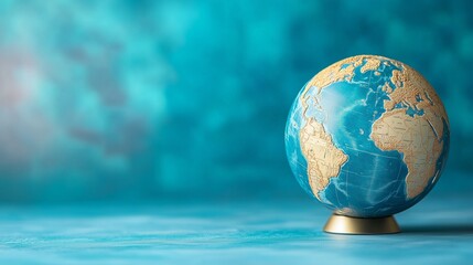 A colorful globe resting on a smooth surface with a turquoise background, symbolizing exploration and global awareness.