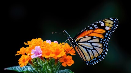 Butterfly feeding on lantana flowers, dark background, nature close-up