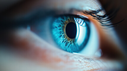 close up of human eye showcasing vibrant blue iris details and eyelashes, highlighting intricate patterns and reflections. image evokes sense of wonder and curiosity