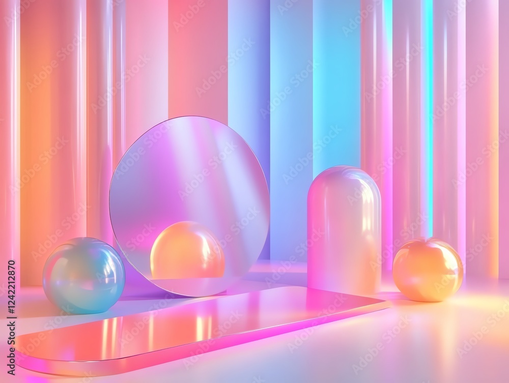 Poster colorful geometric shapes in a vibrant abstract setting illuminated by soft lights