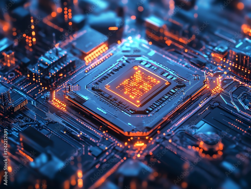 Aufkleber advanced microchip technology showcased on a high-tech circuit board with vibrant glowing elements