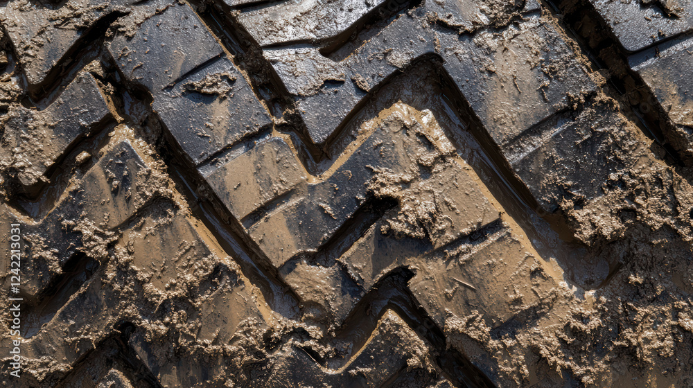 Aufkleber close up of tire tread patterns showing mud and dirt, highlighting texture and design. intricate gro