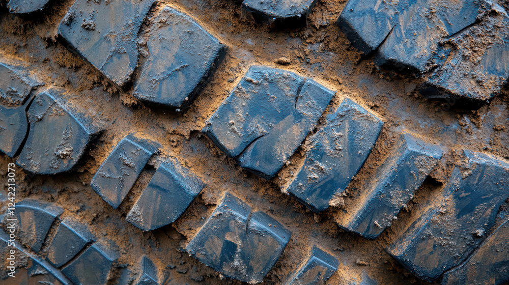 Aufkleber close up of tire tread patterns showing detailed grooves and dirt, ideal for showcasing vehicle trac