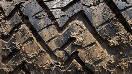 Close up of tire tread patterns showing mud and dirt, highlighting texture and design. intricate grooves are essential for traction and performance on various terrains