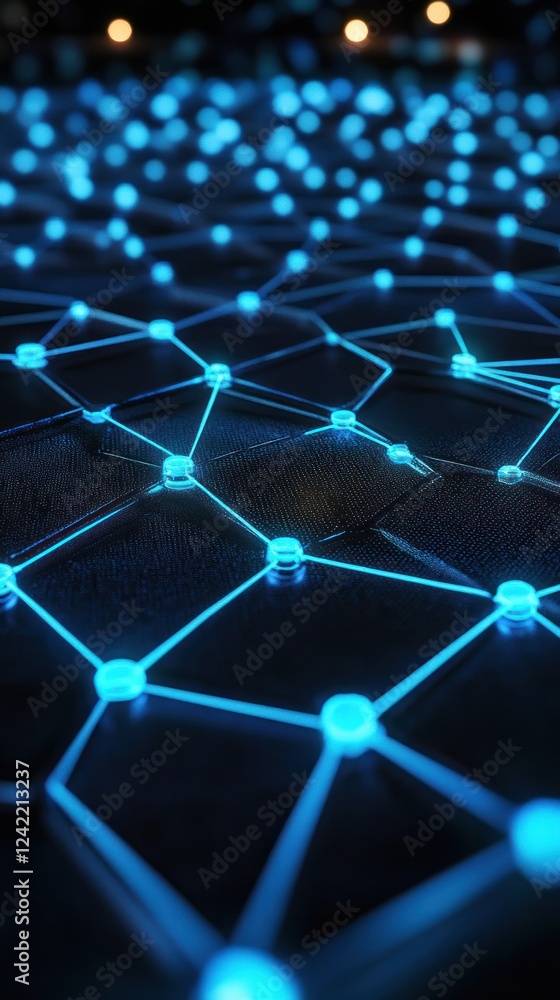 Poster blue network grid lines on dark surface with bright dots in background for technology designs