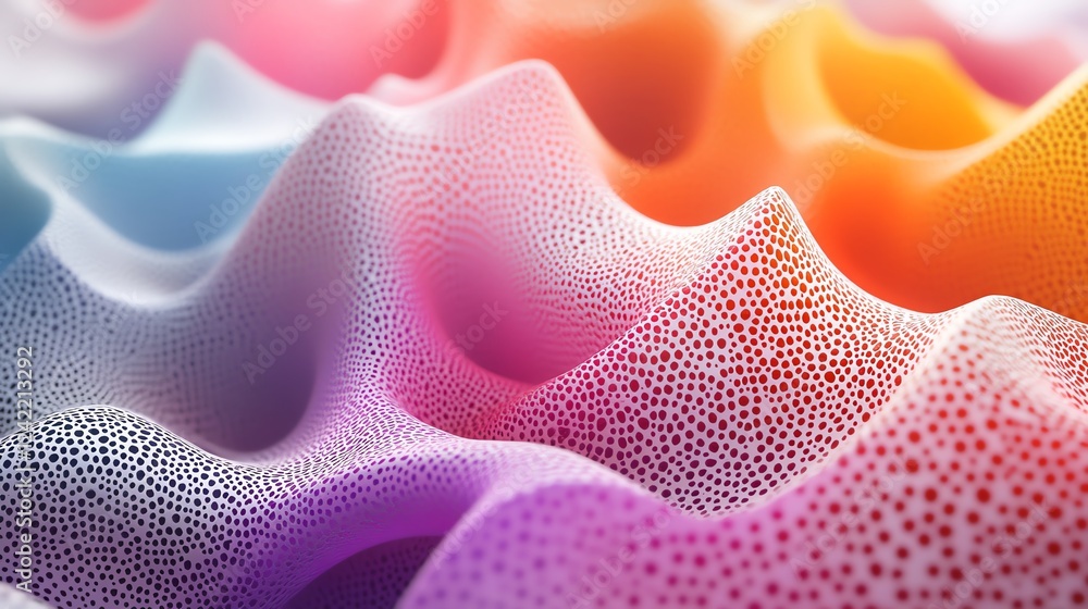 Poster colorful abstract design showcasing textured waves in soft hues of blue, pink, and orange, creating 