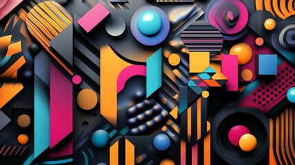 Colorful Abstract Design Featuring Geometric Shapes and Patterns in Vibrant Hues and Contrasting Tones