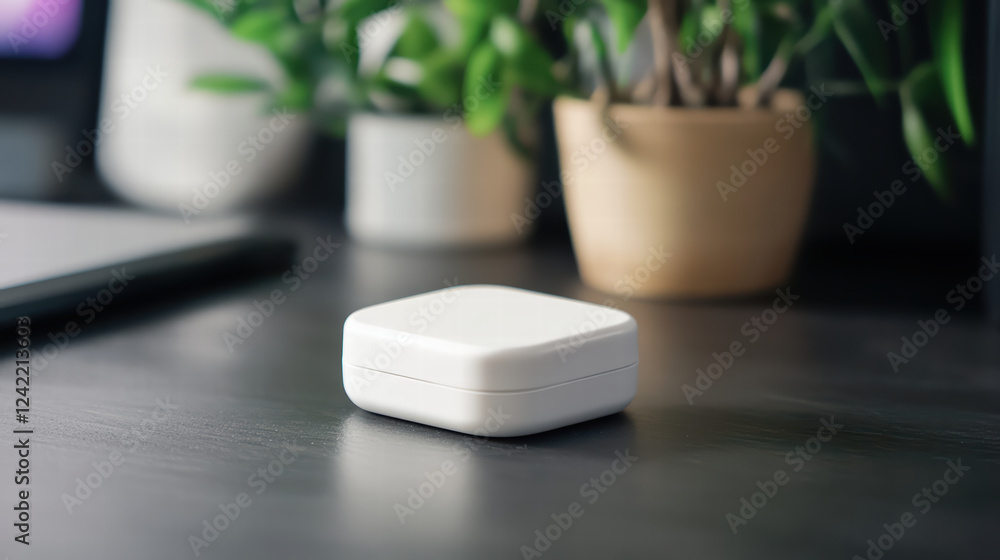Aufkleber minimalist contact lens case on desk, surrounded by greenery, creates serene workspace atmosphere. d