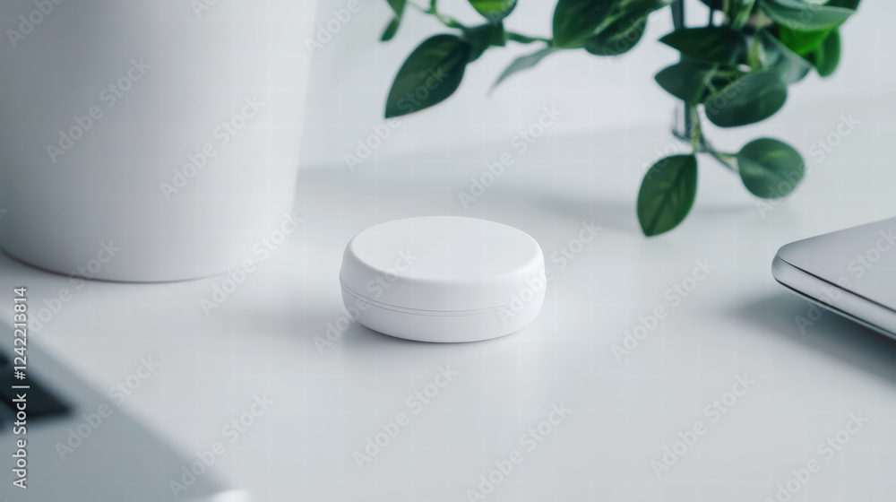 Aufkleber minimalist contact lens case on desk, surrounded by greenery and laptop, creates serene workspace. d