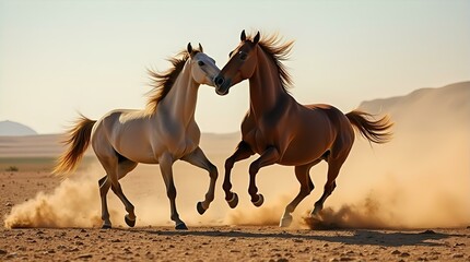 Obraz premium Two Wild Horses Running in Desert Dust Dramatic Sunset Photography Stunning Equine Image Breathtaking Nature Scene High-Resolution Wildlife Photo