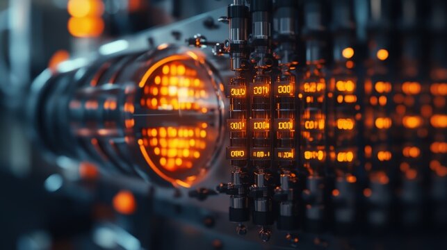 A medium closeup of a gas chromatography column with intricate metal fittings and temperature controls displaying a digital readout panel that highlights realtime data during a chemical