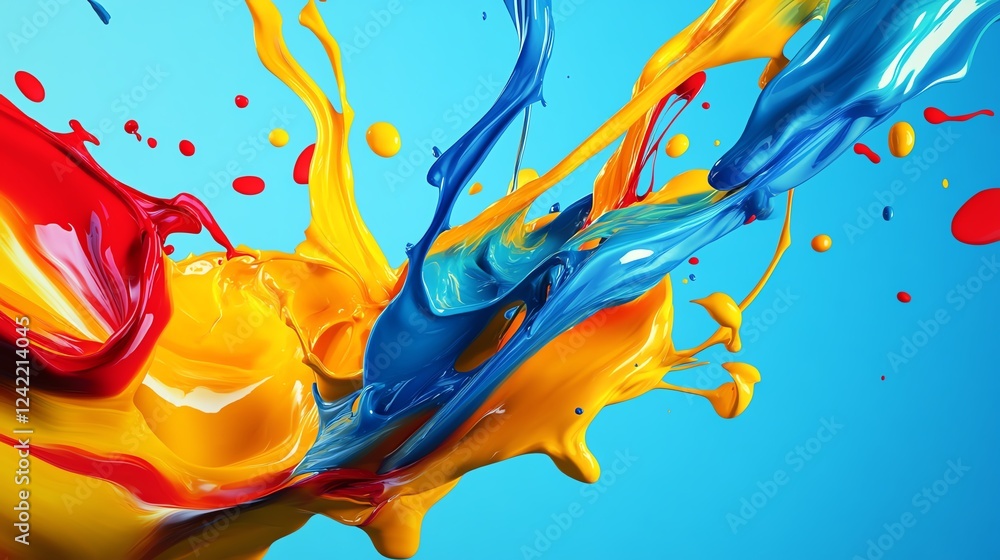 Poster vivid paint splashes in vibrant colors create dynamic patterns on a blue background during an art pr