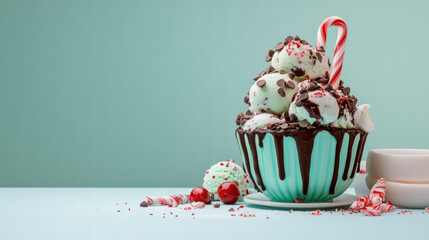 Delight in creative dessert display featuring mint chocolate chip ice cream topped with chocolate drizzle, candy canes, and festive sprinkles, perfect for celebrations
