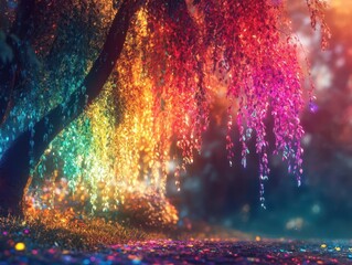 ethereal weeping willow with luminous rainbow leaves, dreamy atmosphere, digital 3d rendering, fantasy botanical art